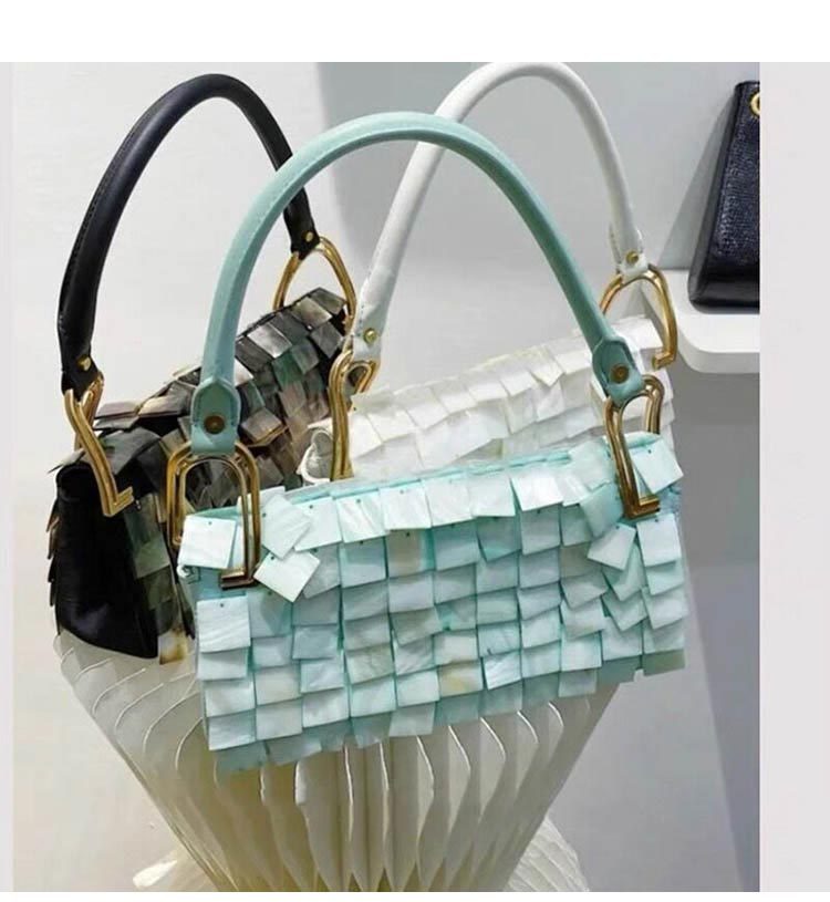 

Square shell splicing handmade bag beautiful and advanced woman's shoulder bag Stylish and special party handbag Soft Colors, Blue