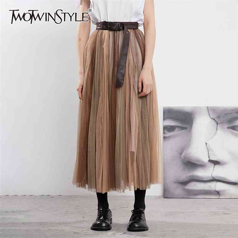 

Casual Pleated Midi Skirt For Women High Waist Sashes Minimalist Skirts Female Fashion Clothing Spring 210521, Coffee