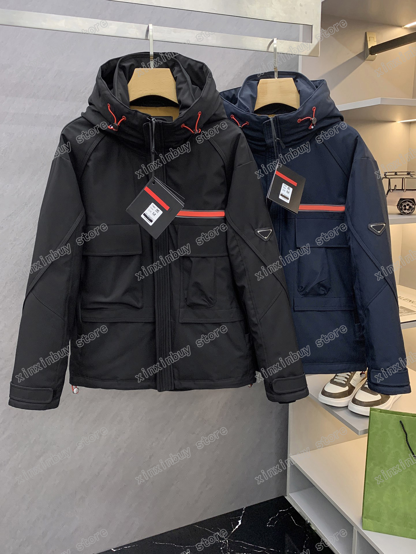 

21ss men designers Jackets Down Parkas Hooded Big pocket label clothes Stand Collar mens Coats Outerwear Clothing Black navy blue xinxin