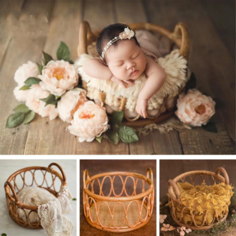 

Baby Cribs Born Pography Props Retro Rattan Basket Posing Po Infantil Shoot Accessories Full-moon Weaving