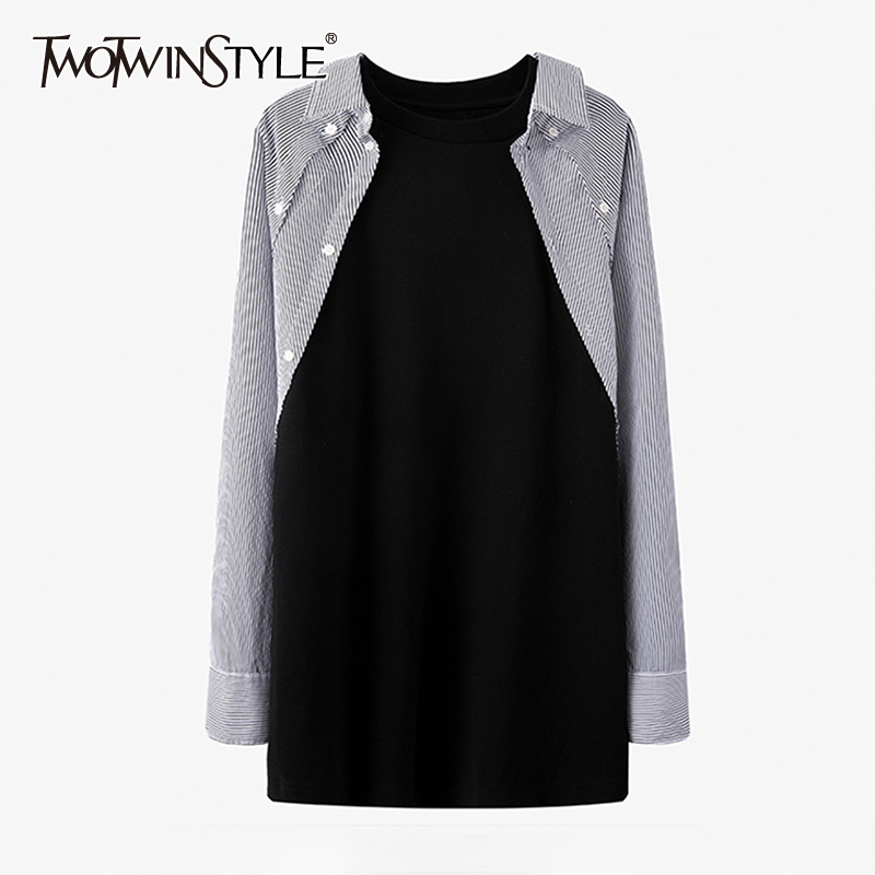 

Casual Loose Patchwork Striped Shirts For Women O Neck Long Sleeve Straight Blouses Female Spring Fashion 210524, Black