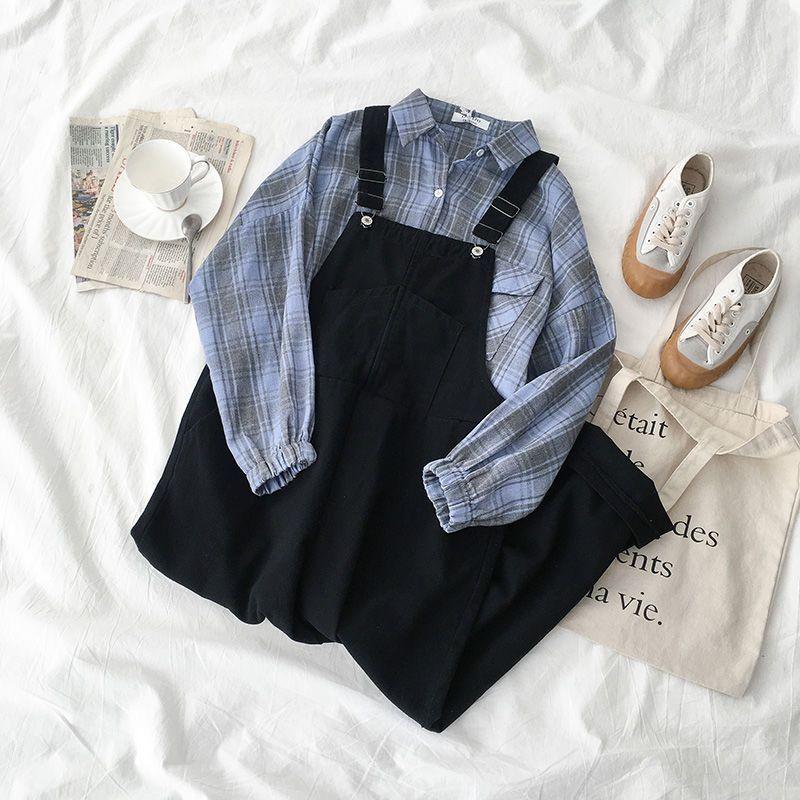 

Women's Two Piece Pants Autumn Preppy Korean Loose Plaid Shirt + Straight Wide Leg Overalls Two-piece Suit Slim Streetear Unisex Suits, White