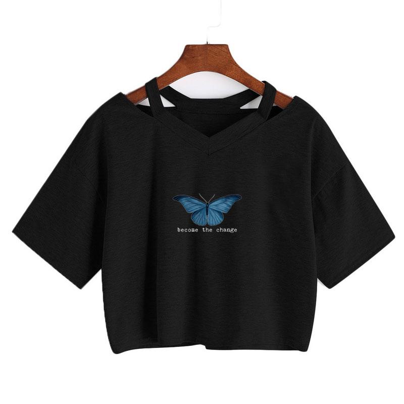 

Women' T-Shirt High Street Fashion Top Butterflies Cool Print T-Shirts Women Sexy Loose V-neck Crop Tops Gothic Vintage Short Sleeve Tee, Bai01