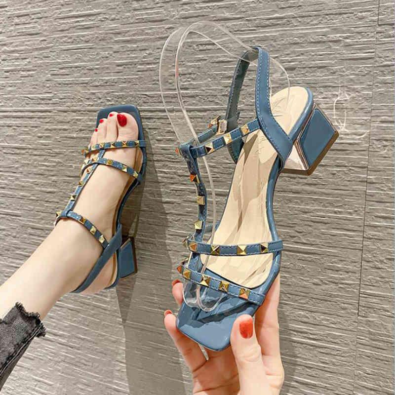 

VALENTINOSquare Toe Low Heel Sandals Women's New Summer New Rivets Chunky Heel Roman Shoes Mid Heel Leather Stud Slipper Sexy Part nTd, Blue