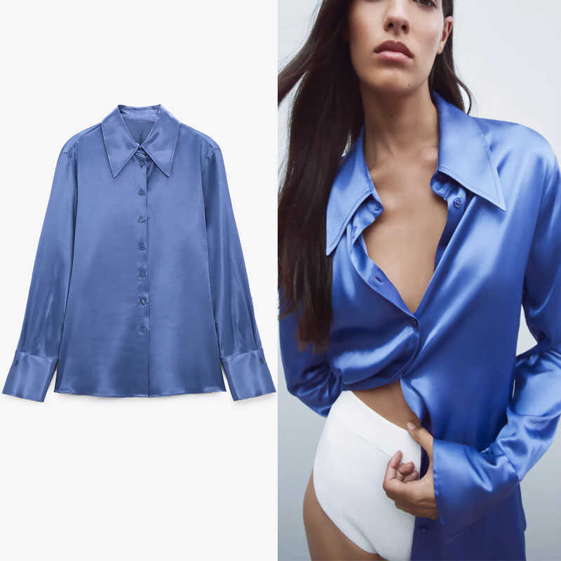

Za Blue Satin Summer Shirt Women Long Sleeve Button Up Vintage Fit Top Female Fashion Elegant Slim Casual Shirts Blusas 210602
