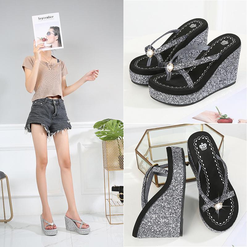 

Shoes Woman 2021 House Slippers Platform On A Wedge Glitter Slides Heeled Mules Pantofle Rubber Flip Flops Jelly High