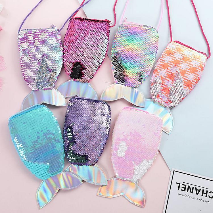 

Girl Mermaid Sequin Coin Purse With Lanyard Fish Shape Tail Phone Pouch Bag Small Portable Glittler Cross Body Wallet Kid Toy Bags, Size:18*11cm