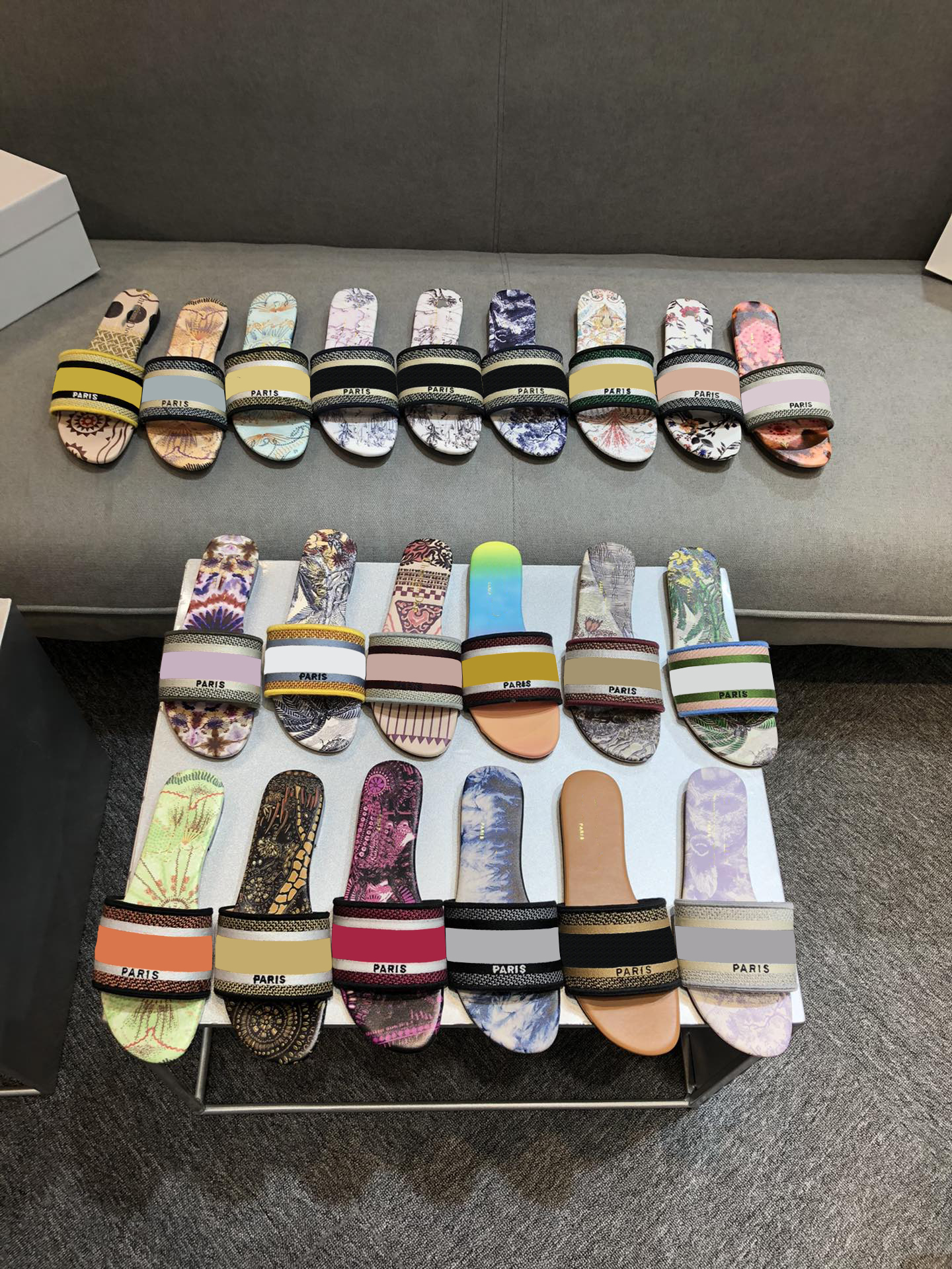 

Paris Embroidered Dazzle dway slipper women sandals ladies scuffs summer outdoor beach Floral striped causal flip flops flat Slide Slippers sandal rainbow With Box, Extra options