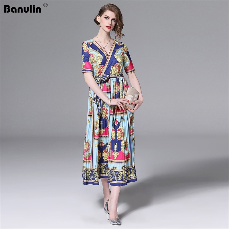 

Banulin HIGH QUALITY Runway Dress Womens V Neck Short Sleeve Lace Up Belt Elegant Printed Beach Boho Long B8025 210603, Design and color