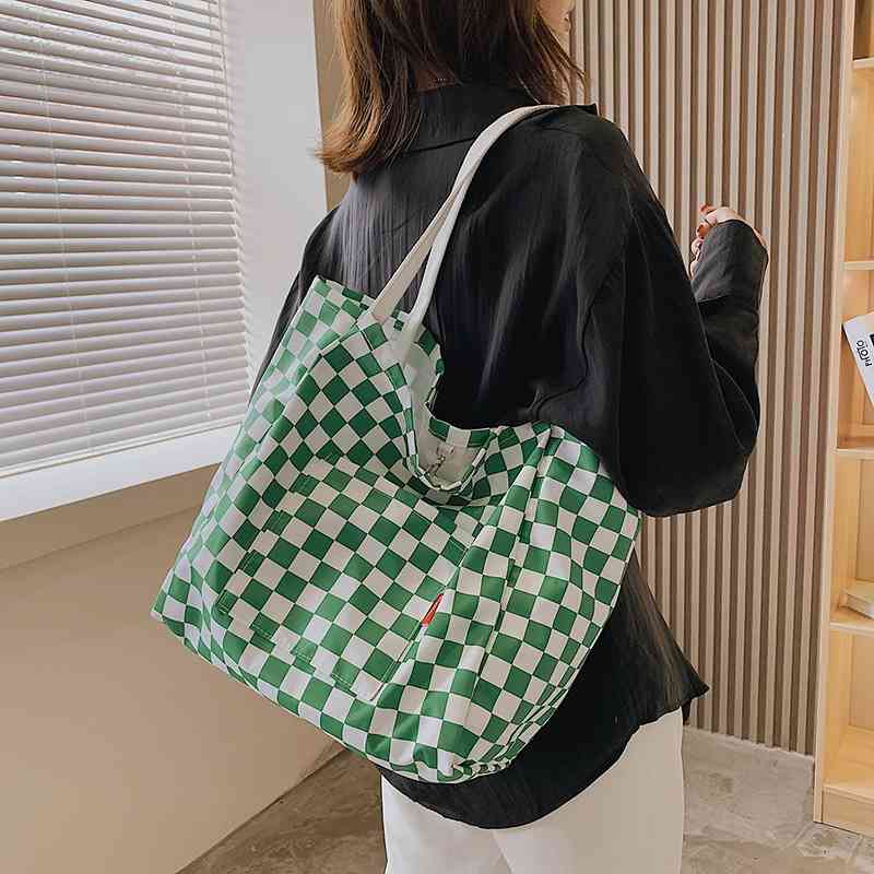

2021 Korean fashion women's daily simple chessboard getot Japan and South Korea leisure personalized large capacity canvas bag, Green