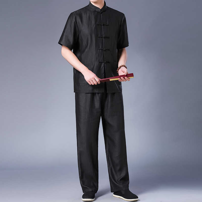 

men's short sleeve shirt pants suit loose thin coil button suits, Black