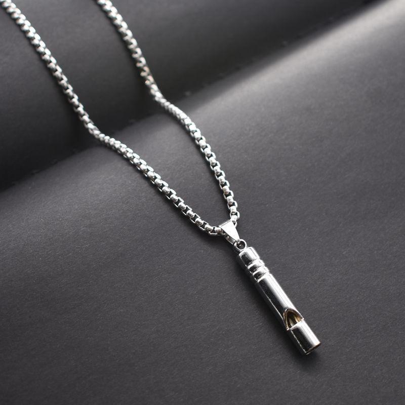 

Pendant Necklaces Whistle Necklace Hip-hop Personality Trendy Men's Simple Cool Flute Can Blow Creative Metal Chain, Silver