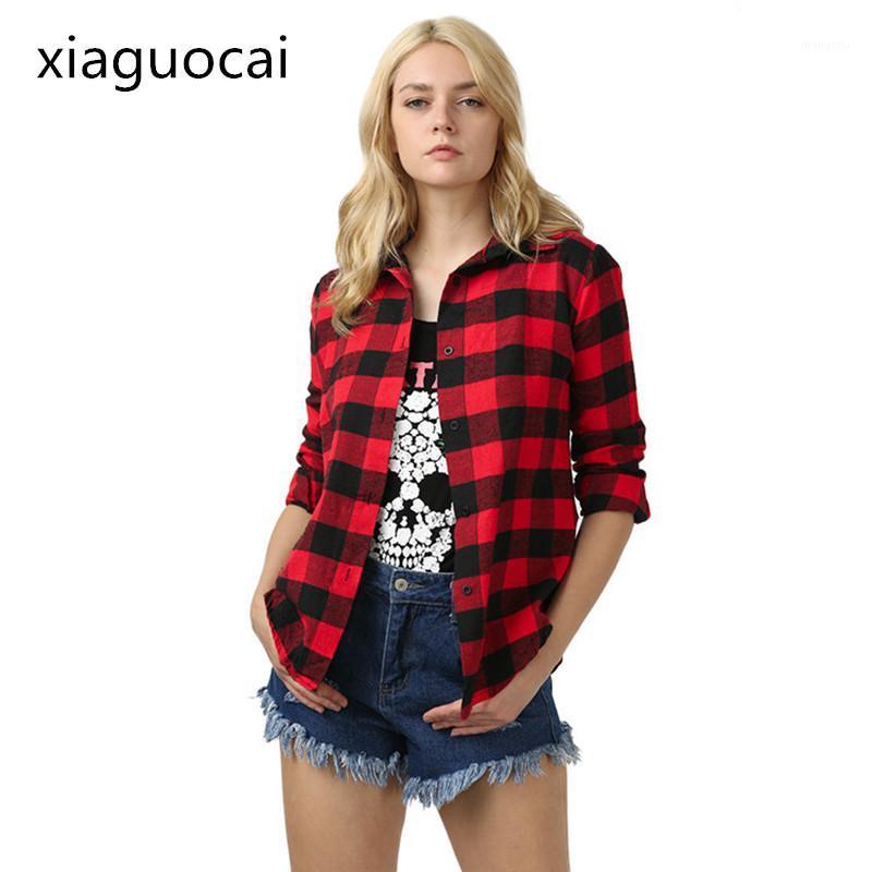 

Women's Blouses & Shirts High Quality Turn-down Collar Women Blouse And Long Sleeve Button Plaid Female Chiffon K178 35, Red