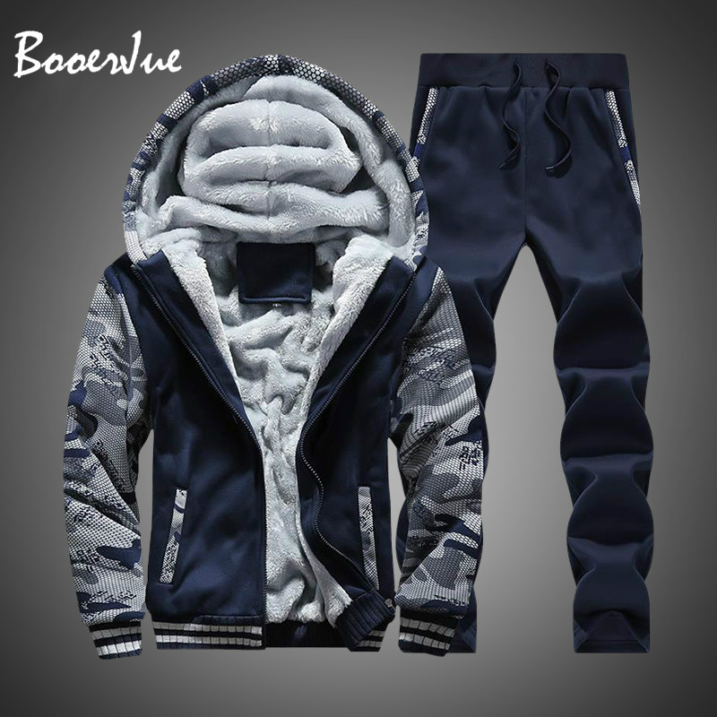 

Tracksuit Men Winter Camouflage Hoodies Casual Hooded Warm Sweatshirts Thick Fleece 2PC Jacket+Pant Moleton Masculino M-4XL, 76 black