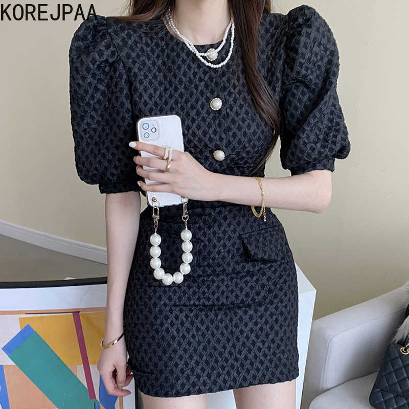 

Korejpaa Women Sets Summer Korean Chic French Rhombus Texture Pearl Button Loose Puff Sleeve Shirt High Waist Bag Hip Skirt 210526, White