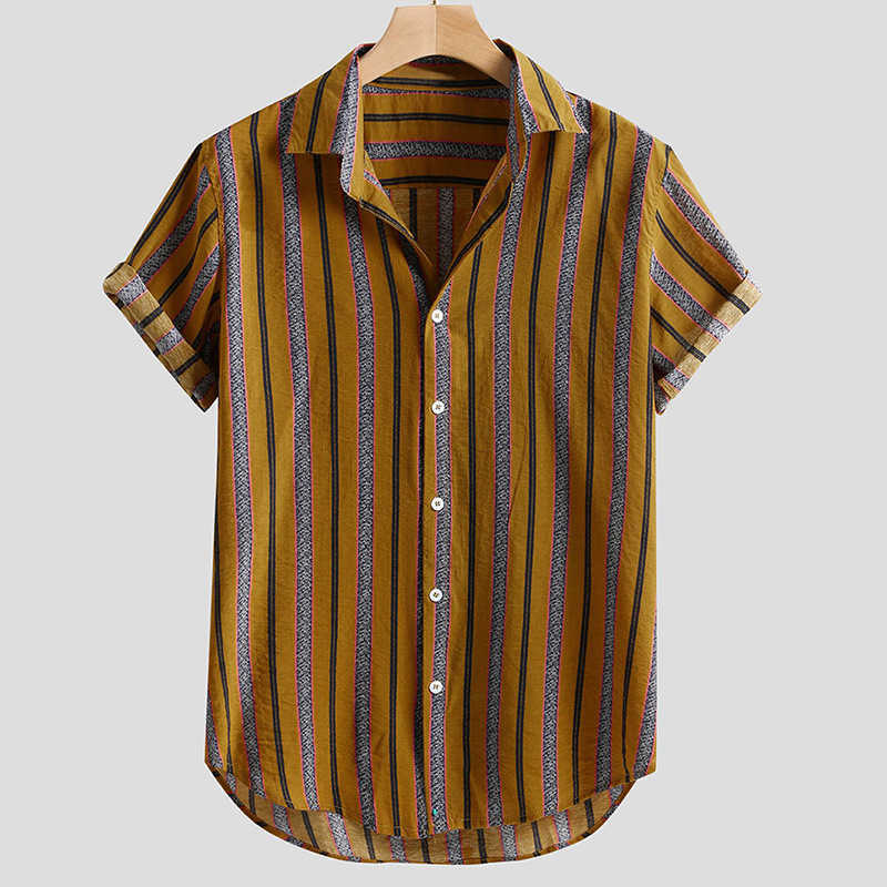 

Men's Stripe Short Sleeve Shirts Summer Casual Camisa Masculina Male Fashion Shirt Male Cotton Beach Hawaiian Shirts 210527, Brown