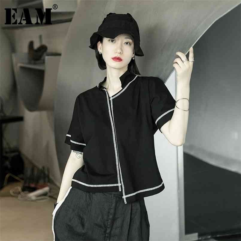 

[EAM] Women Black Line Stitch Irregular Big Size T-shirt V-collar Short Sleeve Fashion Spring Summer 1X004 210708
