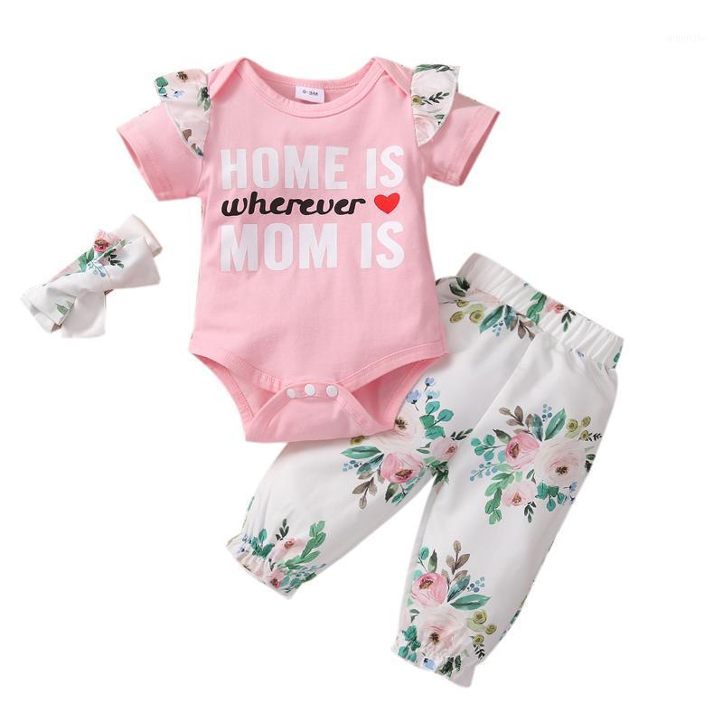 

Baby Girl Clothing Letter Print Short Sleeve Romper+Floral Pants+Headband Cute Summer 3pcs Clothes Set Sets, White