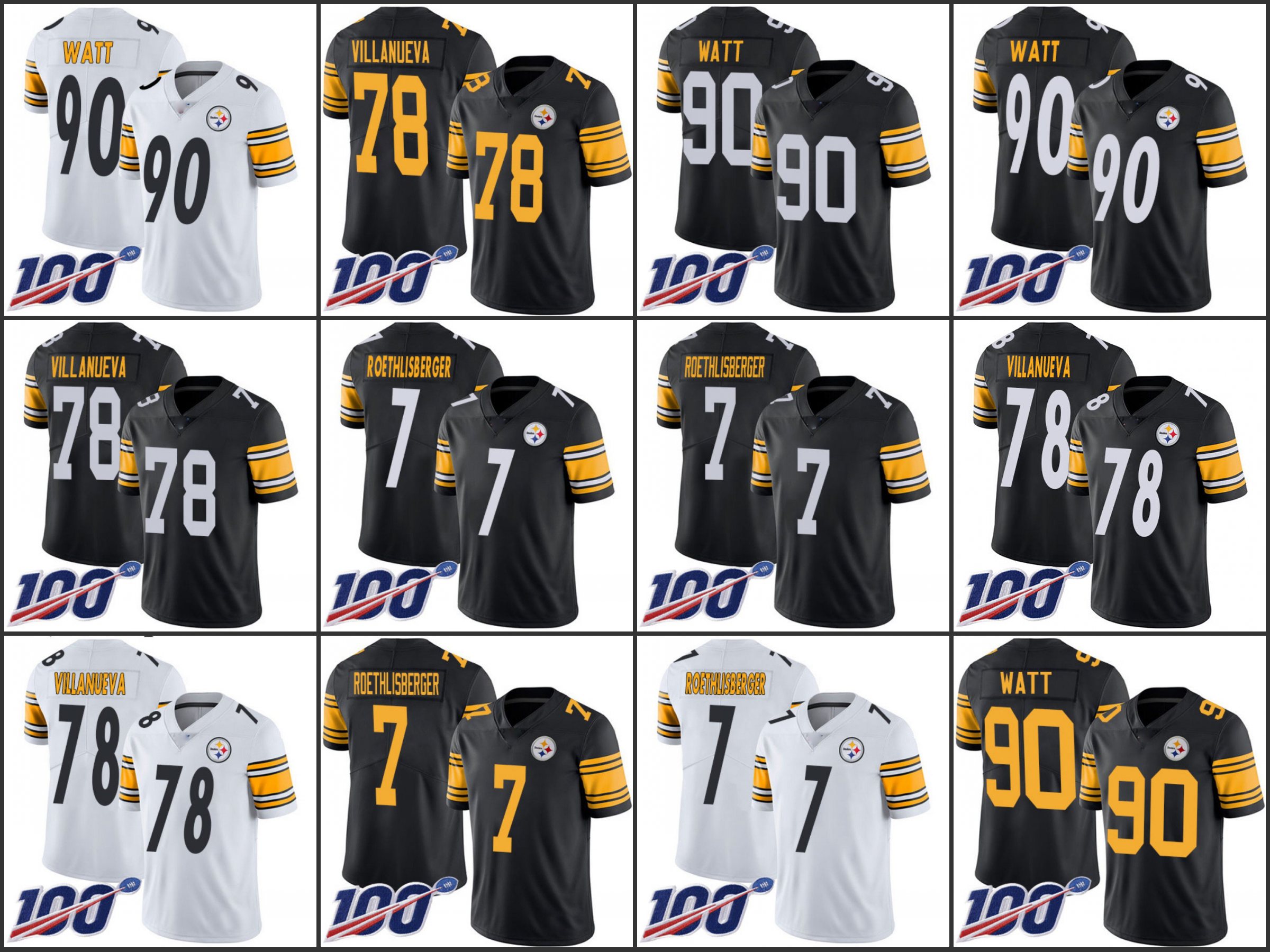 

Jersey Pittsburgh''Steelers''Men #78 Alejandro Villanueva 90 T. J. Watt 7 Ben Roethlisberger''NFL''Women Youth 100th Limited Jersey