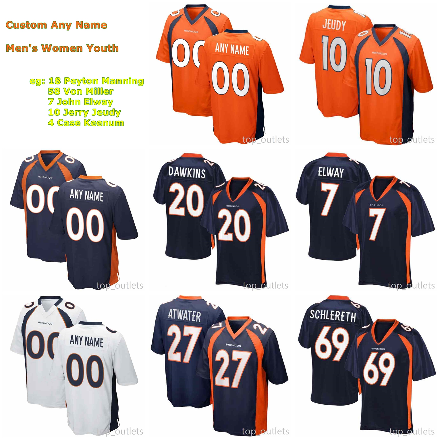 

2021 Denver Broncos American Football Jerseys Von Miller Jersey Brian Dawkins Jerry Jeudy Bradley Chubb Terrell Davis Steve Atwater John Elway Custom Stitched, As photo