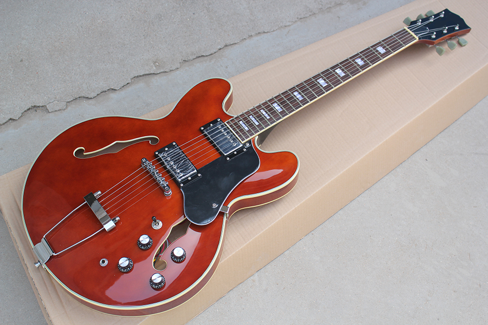 

Factory Custom Semi-hollow Wine Red Electric Guitar with Black Pickguard,Rosewood Fretboard,White Binding,Can be customized