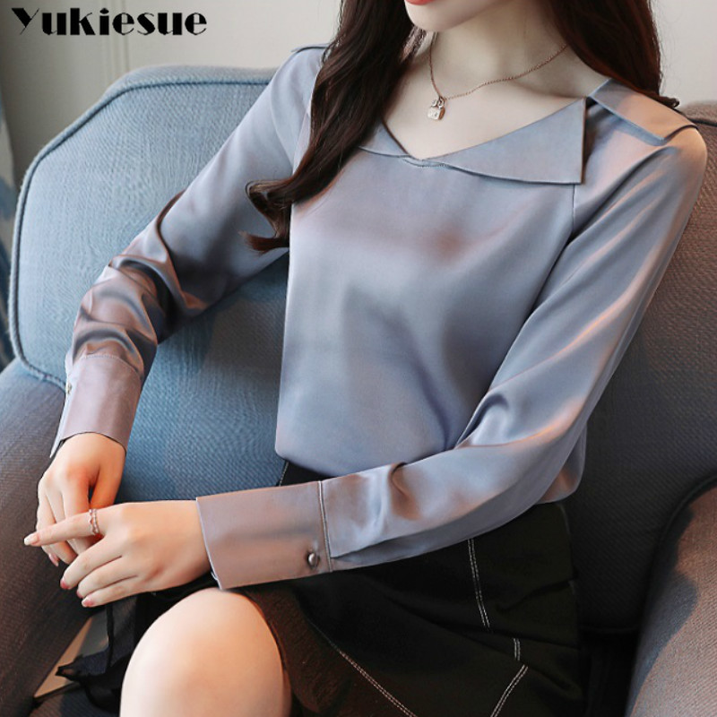 

summer long sleeve silk women' shirt blouse for women blusas womens tops and blouses chiffon shirts ladie' top plus size 210518, Gray