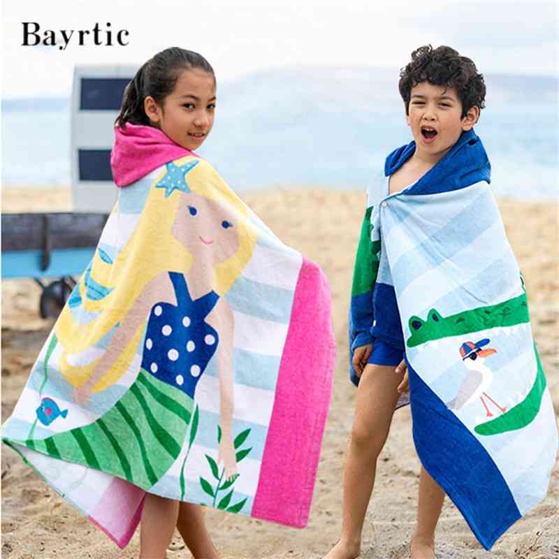 

Beach towel style formaldehyde free children can wear Pure Cotton Hooded Bath Towel cape with 76cm length, Brown haired mermaid dp-4