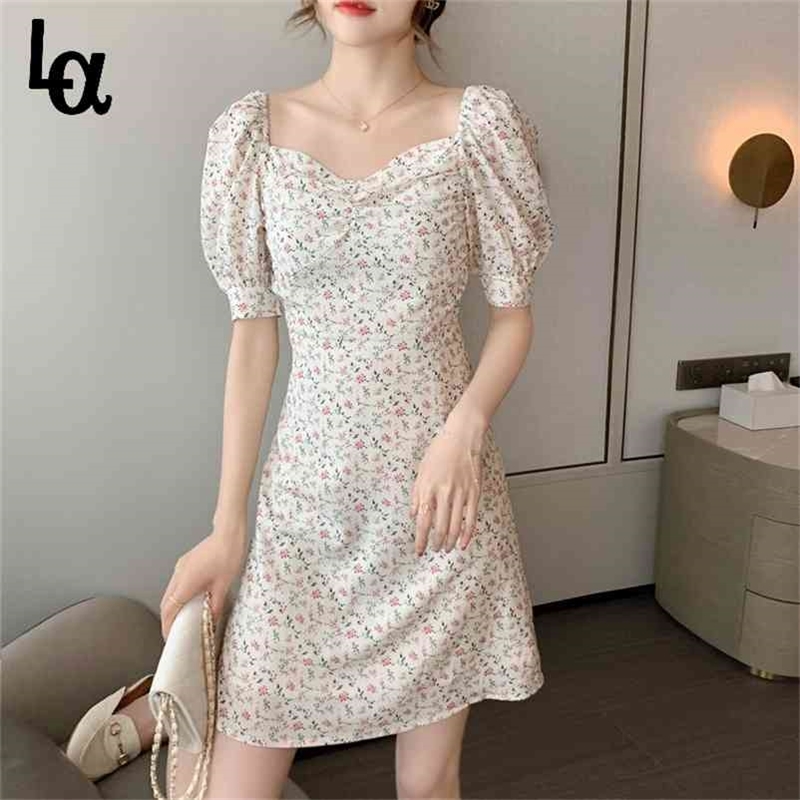 

French Floral Dress Women Elegant Print Chiffon Mini Office Lady Casual Puff Sleeve Fairy 210519, As picture