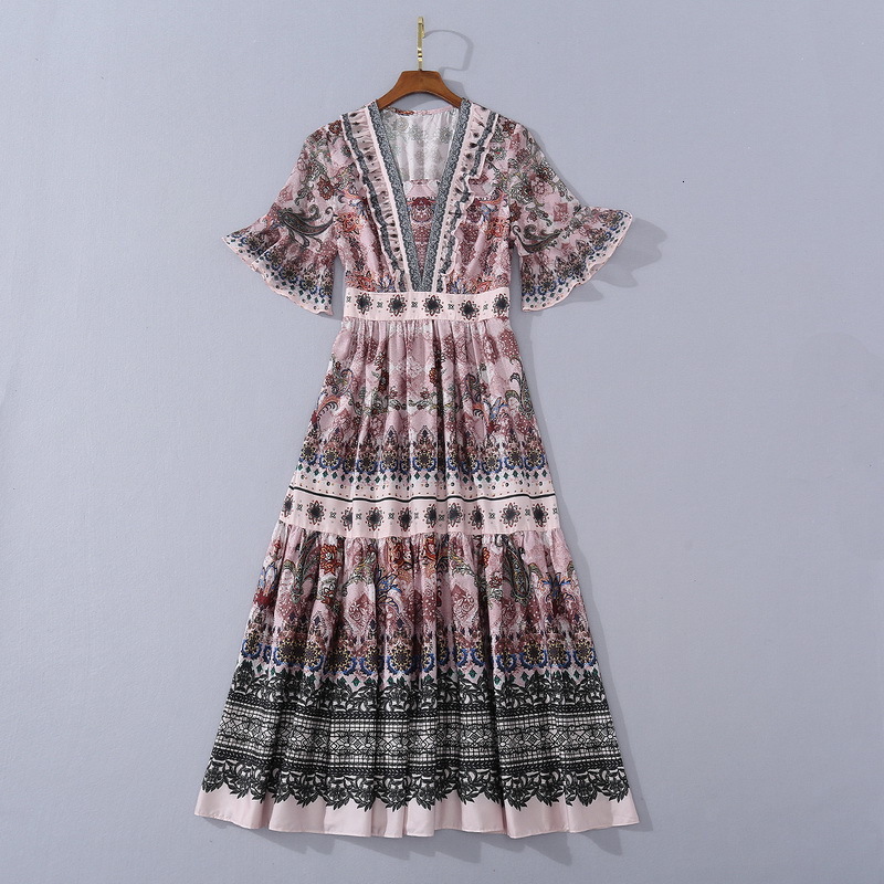 

Casual Dresses European and American women' wear summer style The horn sleeve ear has a V-neck Fashion printed pleated dress KJGI, Blue