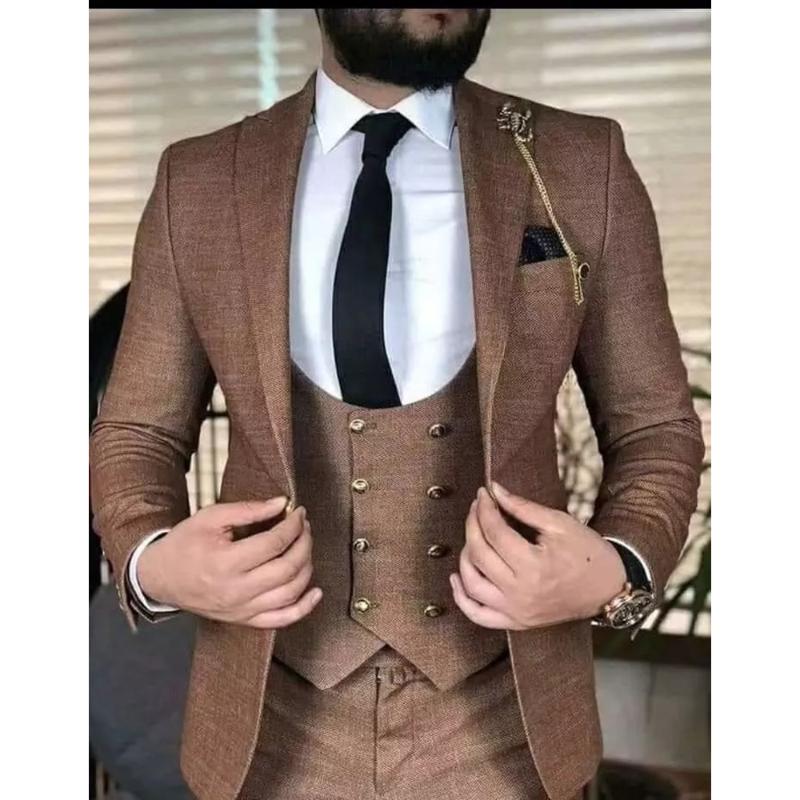 

Men's Suits & Blazers Brown Smoking Business Men Smart Casual Jacket+Double Breasted Vest+Pants 3 Pieces Set Office Worker Traje De Hombre 2, Khaki