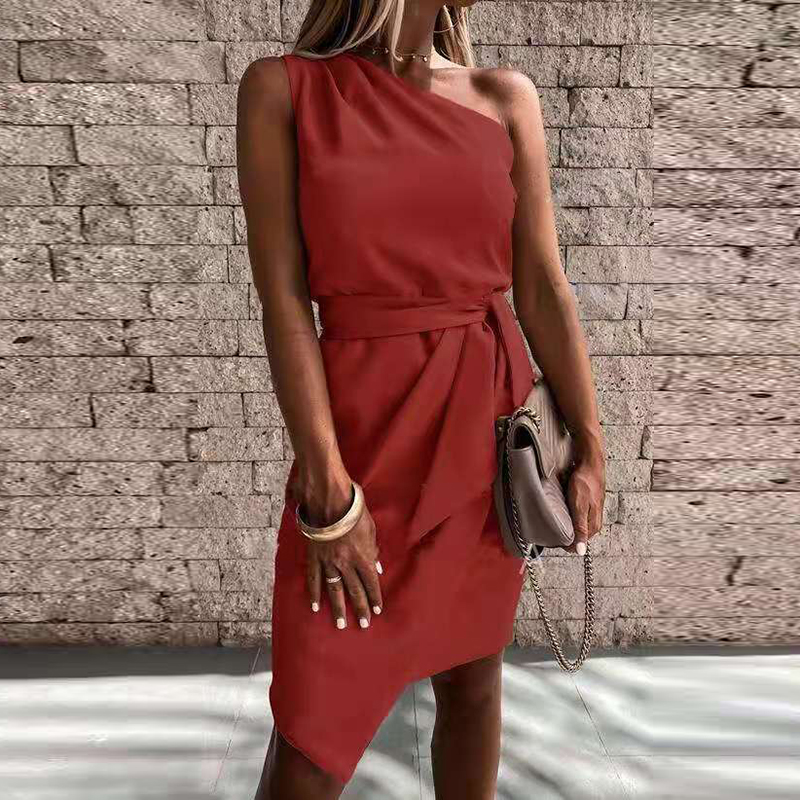 

2021women elegant off shoulder solid party dress sleeveless slim design belt mini dress 2021 casual irregular drape dress mujer, Black;gray