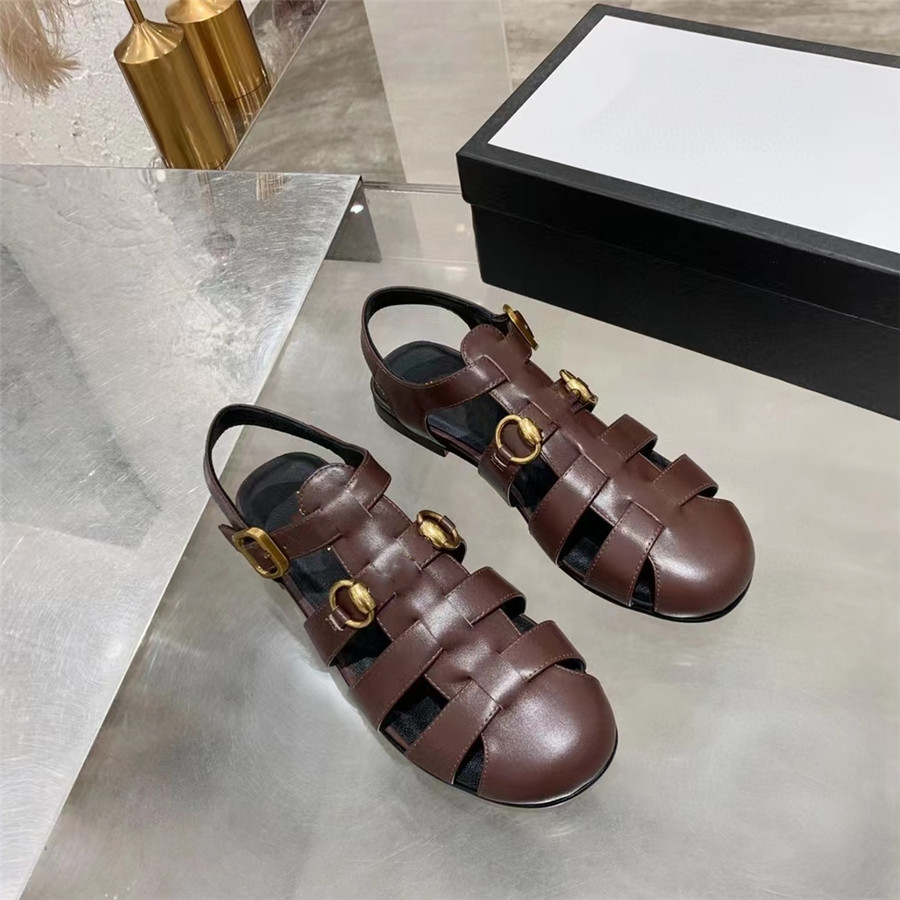 

Summer 2021 Designer Leather Sandals: Flat Roman Buckle Shoes with Hollow Platform - Perfect for Chic Ladies!, Black