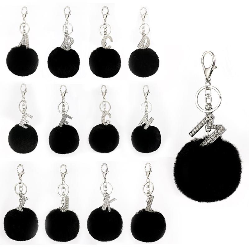 

Keychains 26 Letters Black Pompon Fur Ball Keychain Creative Small Gift Pendant Alloy Rhinestone Alphabet Key Chain Ring