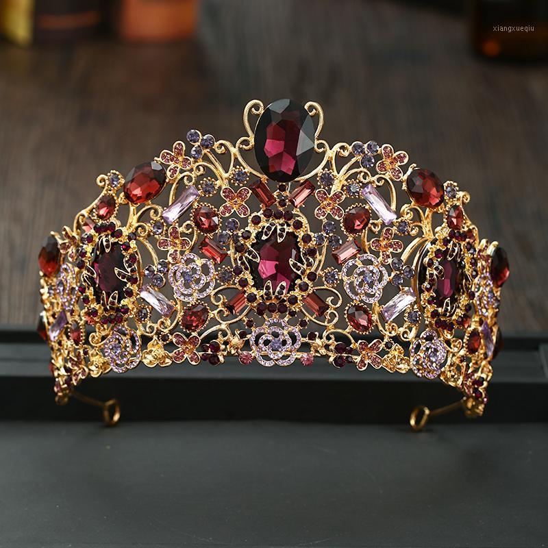 

Luxury Gold Big Tiaras And Crowns Red Purple Crystal Queen King Diadems Party Elegant Wedding Bridal Hair Accessories Clips & Barrettes, Golden;silver