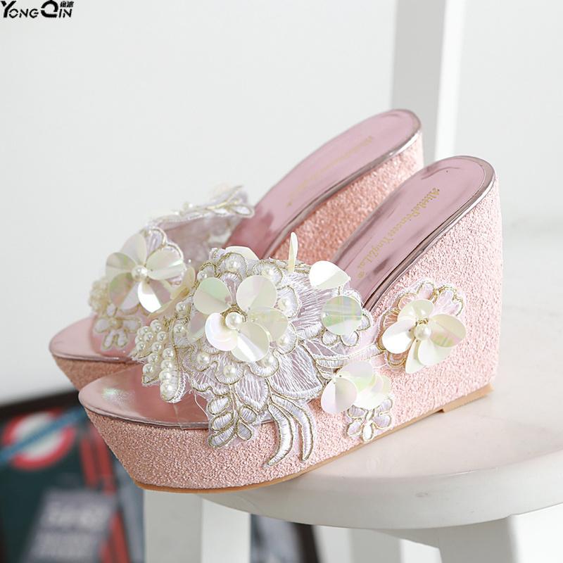 

Dress Shoes Rose Flower Women Sandals Lace High Heel Wild Wedge Women's, Gold