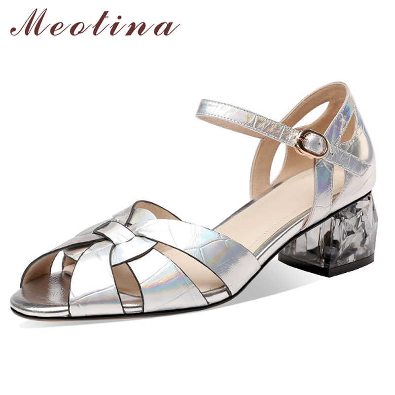 

Meotina Gladiator Shoes Women Genuine Leather Sandals Med Heel Buckle Sandals Round Toe Ladies Footwear Sliver Size 33-41 210608, Silver