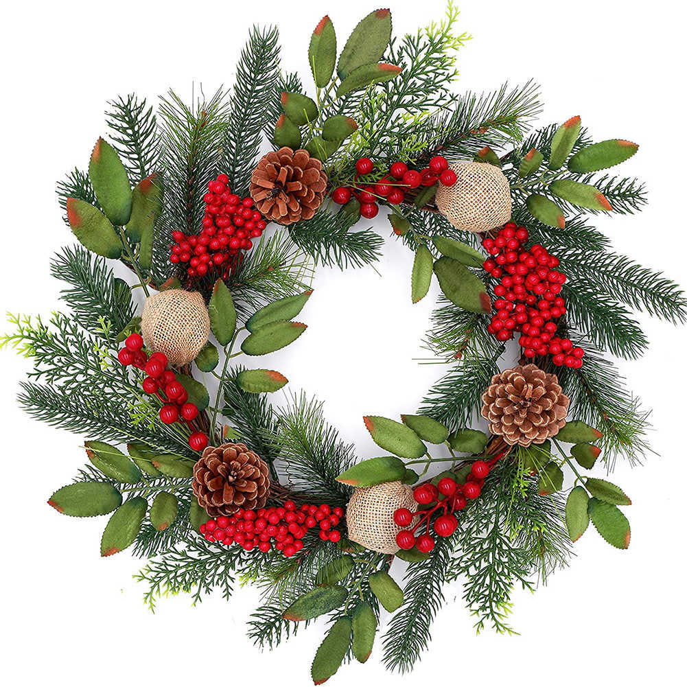 

18IN Christmas Wreath Window Door Decoration Advent Garland Red Berries Evergreen Leaves Burlap Ball Christmas Wreath Good H1020