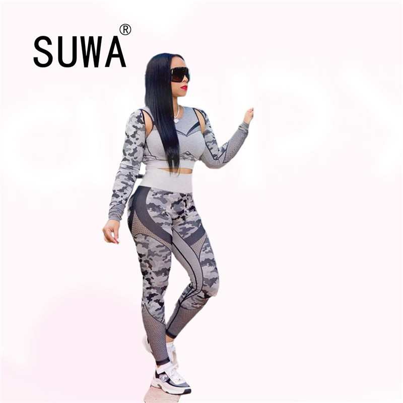 

Camouflage Off Shoulder Slim-Fit Pullover Top And Joggers Pants Tracksuit Women Two Piece Outfits Sweatsuit Wholesale Clothing 210525, Blue