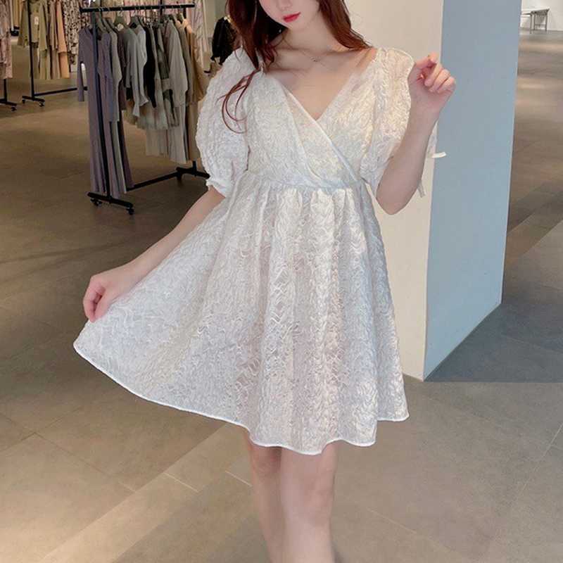 

Japan Style Sweet Kawaii Woman Dress Sexy V Neck Puff Sleeve Hollow Out Mini Dresses Spring Summer Soild High Waist Vestidos 210525, White