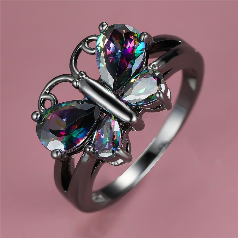 Wedding Rings Dainty Female Butterfly Crystal Stone Ring Charm 14KT Black Gold For Women Cute Rainbow Zircon Engagement-image-704851326