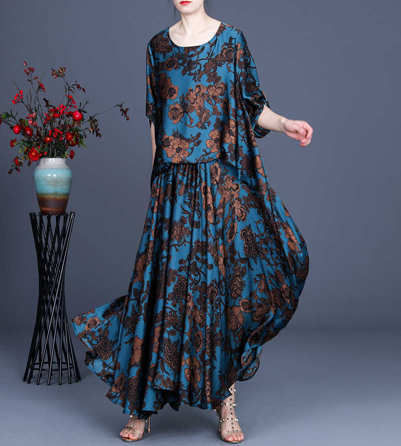 

Spring Product Casual Plus Size Printing Retro Dress Elegant Temperament Round Neck Long Over-the-knee Irregular 210615, Blue