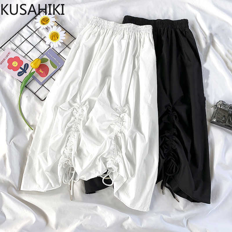 

KUSAHIKI Spring Stretch High Waist Women Skirt Korean Drawstring Pleated A-line Skirts Causal Solid Mujer Faldas 6F440 210602, White