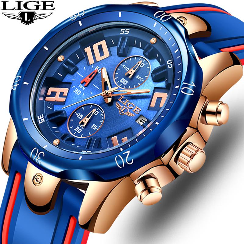 

Wristwatches LIGE Watch Men Waterproof Chronograph Sport Military Male Clock Top Silicagel Man Wristwatch Relogio Masculino, Slivery;brown