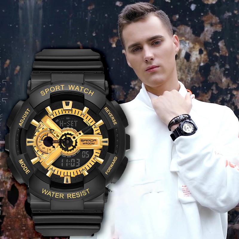 

Wristwatches SANDA Fashion Mens Sport Watches Military Waterproof Digital Alarm Chronograph Quartz Wristwatch Male Clock Relogio Masculino, Black 2