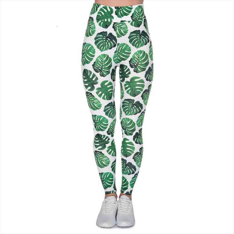 

Women High Waist Legging Monstera White Printing Leggings Fashion Fitness Woman Pants, Black