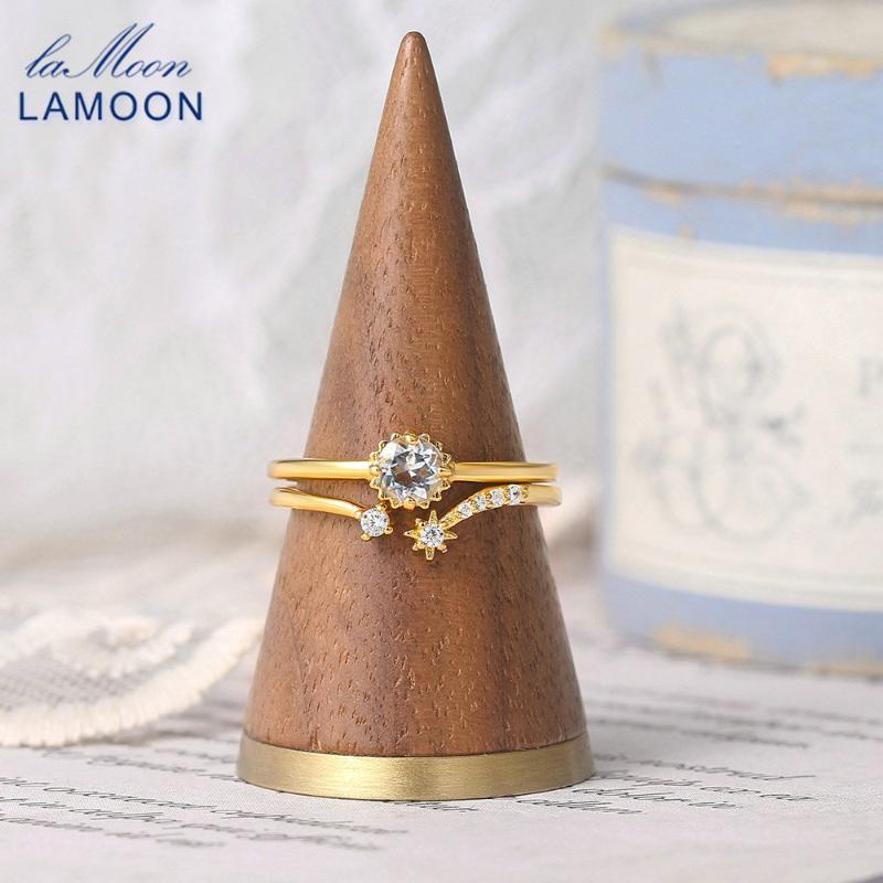 

Cluster Rings LAMOON 925 Silver Ring Set For Women Moon Star Natural Topaz Garnet 14K Gold Plated Fine Jewelry Adjustable Female V087, Golden;silver