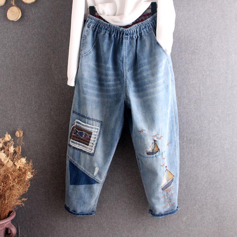 

Hight Waist Cartoon Embroidery Ripped Women Jeans Denim Pants Jogger Retro Fashion Casual Long Loose Oversize Cotton Trousesrs Women's, Light blue