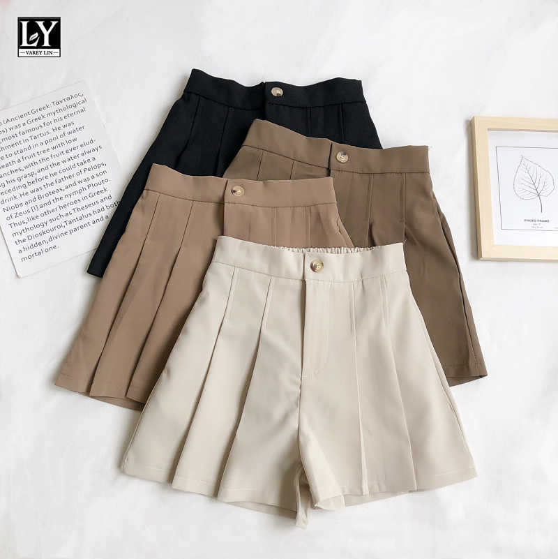 

LY VAREY LIN Summer Women Casual Button Solid Color High Waist Pleats Shorts Fashion Loose Zipper Fly Suit Wide Leg 210526, Chocolate