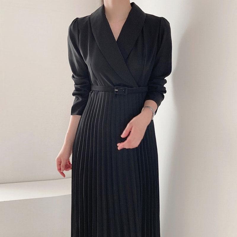

Casual Dresses Arrival 2021 Fall Simple V-Neck Long Sleeve Waist Slimming Pleated Dress Korean Fashion Elegant Office Ladies, Black;gray