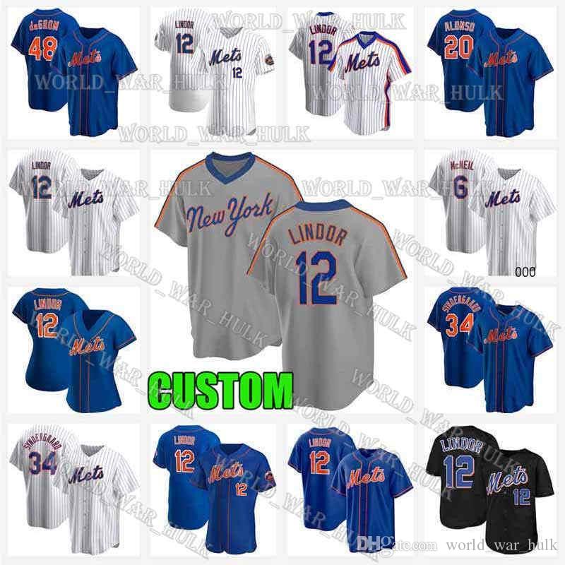 

12 Francisco Lindor Jersey 2021 Custom New York Mets Jersey 48 Jacob deGrom 20 Pete Alonso Jersey 6 Jeff McNeil Marcus Stroman Noah, Blue;black